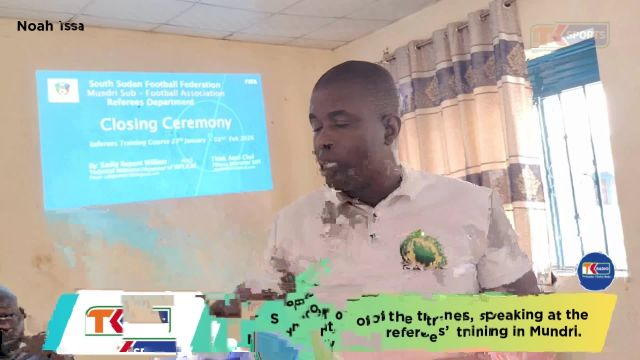Referee Instructor Sadiq Repent gives remarks during closing ceremony for Referees' Training in Mundri West