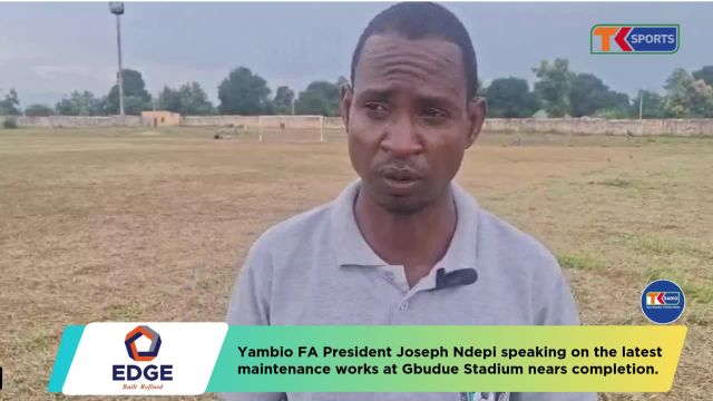Yambio FA President Joseph Ndepi speaking on the latest maintenance work at Gbudue Stadium near completion